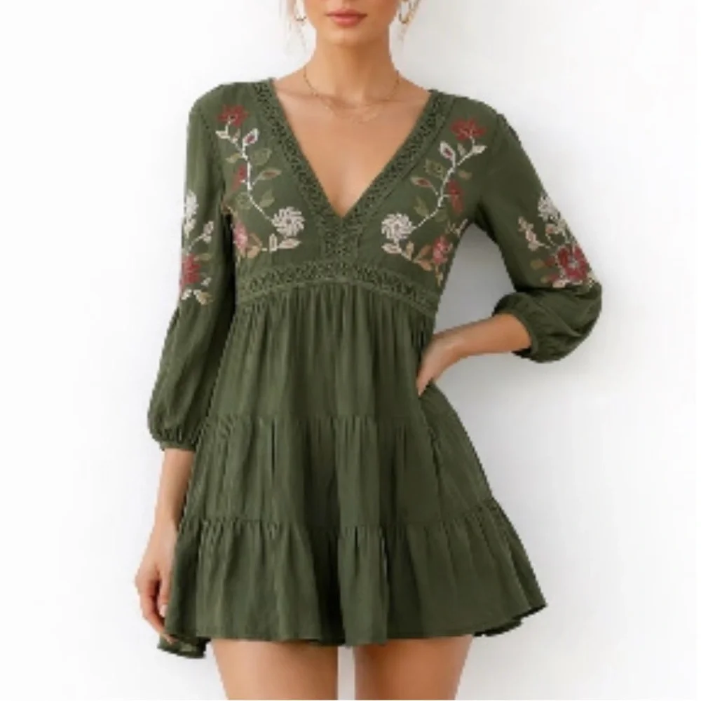 Francesca's Olive Green Embroidered V-Neck Tiered Dress - Picture 1 of 10